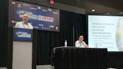 AkzoNobel's Tony Adams, left, and Tim Ronak present the session 'Helping Consumers Secure Full Reimbursement' as part of the Society of Collision Repair Specialists Repair Driven Education Series at the SEMA Show on Nov. 4. AkzoNobel's Tony Adams, left, and Tim Ronak present the session 'Helping Consumers Secure Full Reimbursement' as part of the Society of Collision Repair Specialists Repair Driven Education Series at the SEMA Show on Nov. 4.