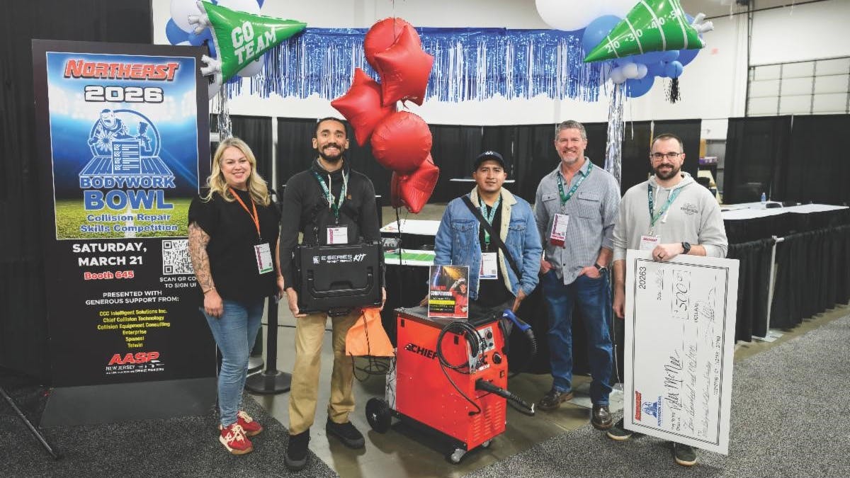 From left, Bodywork Bowl Coordinator Jill Tuggle, John Lemos (first place - painting), David Chicalza (first place - body/welding), AASP/NJ President Ken Miller and Tyler McNee (first place - estimating).