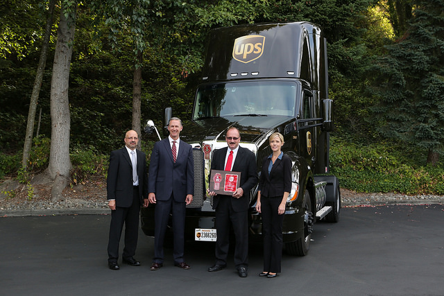 Left to right Ray Lehrman fleet supervisor mdash UPS Seattle Preston Feight Kenworth General Manager and PACCAR Vice President Robert Filosa UPS West Region Automotive Coordinator in Anaheim Calif and Katie Guest Sales Representative for MHC KenworthAtlanta who works on the UPS account
