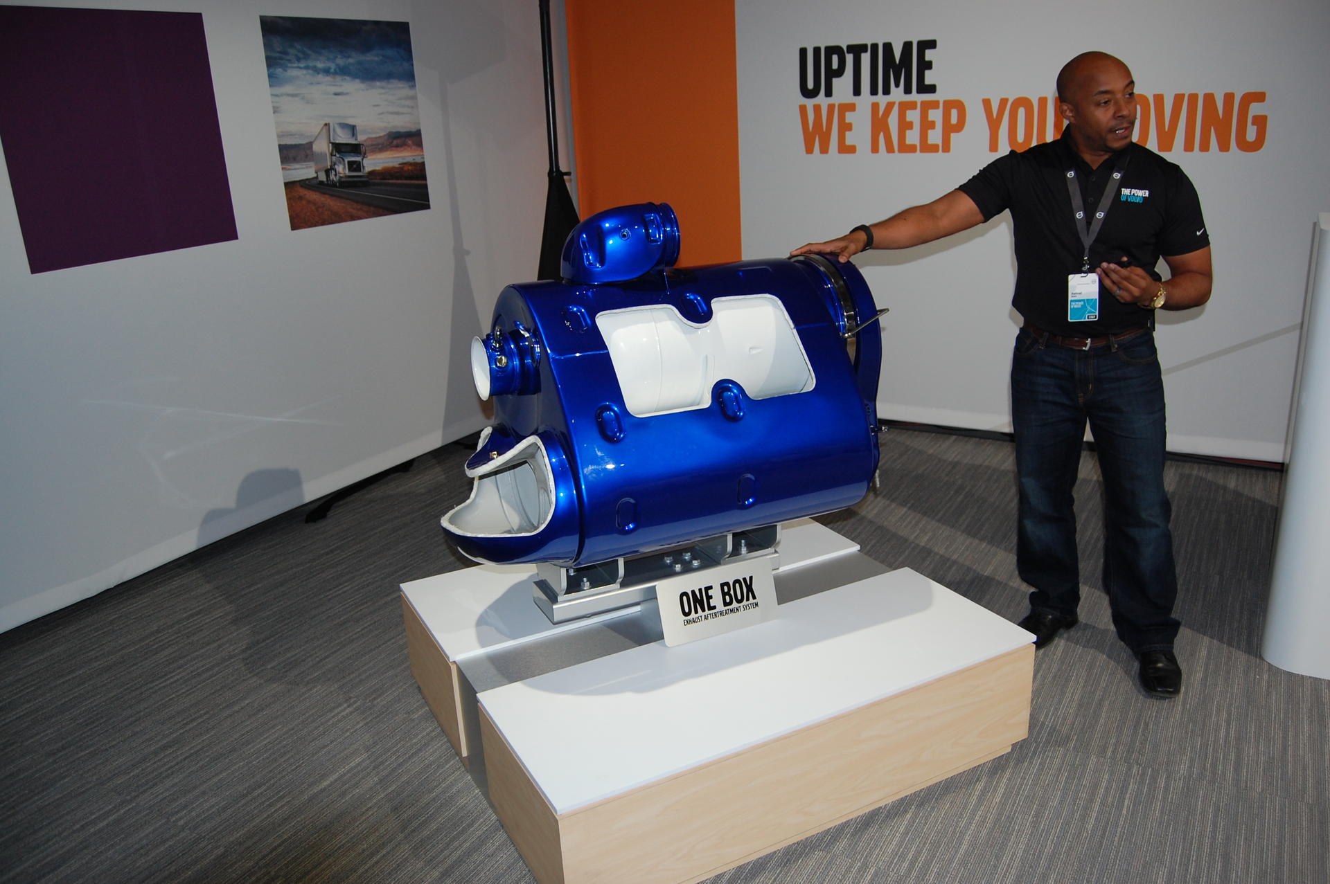 Volvo39s Ashraf Makki shows off the OEMrsquos new onebox exhaust aftertreatment system EATS during a product reveal back in March The system also features a new copperzeolite coating that improves low temperature oxide of nitrogen NOx conversion for improved emissions control Photo by Sean KilcarrFleet Owner