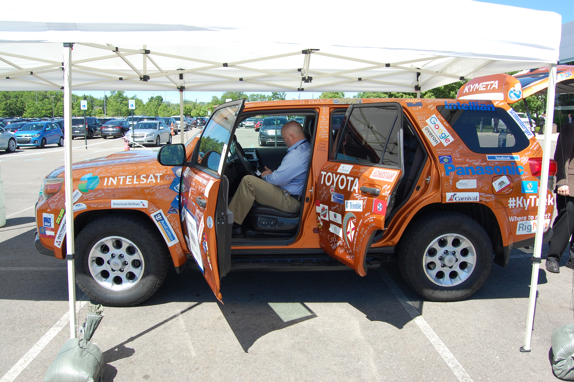 Kymeta39s also gathered signatures and bumper stickers from all the places its unique Toyota 4Runner visited over the last five months Photo by Sean KilcarrFleet Owner