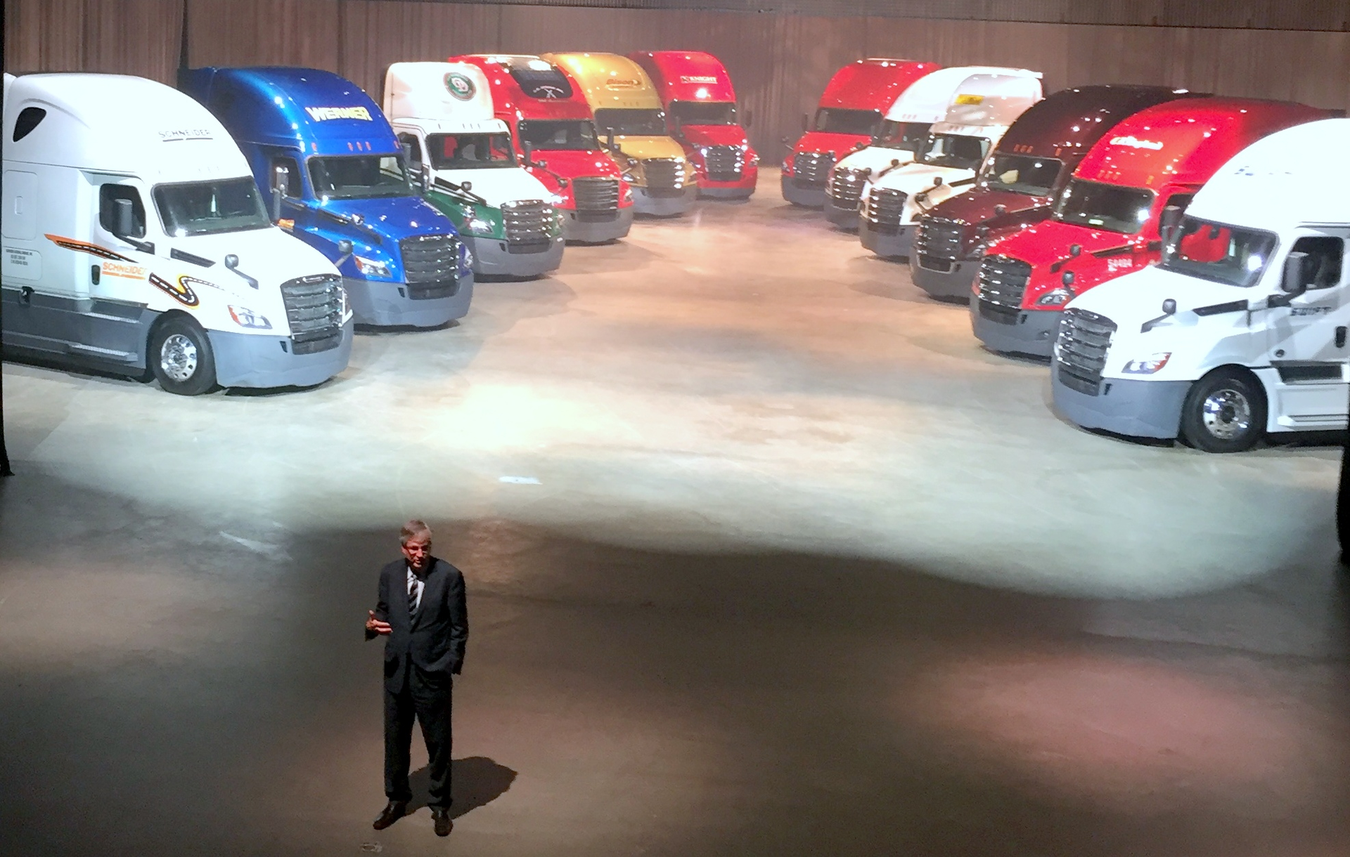 DTNA president and CEO Martin Daum unveils 12 nextgen 2018 Freightliner Cascadia being delivered to the company39s 12 largest fleet customers