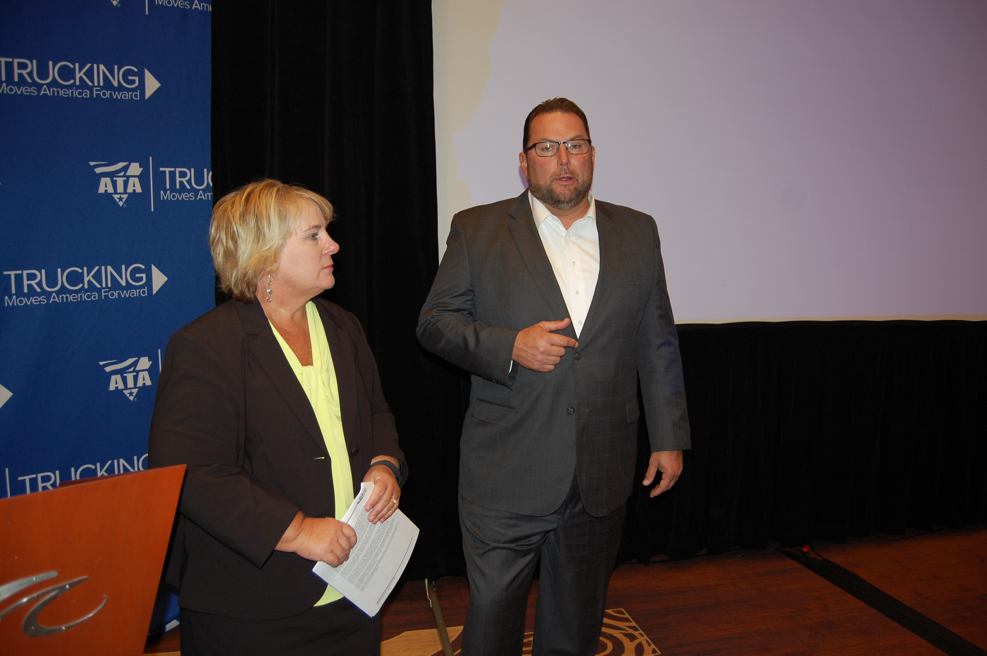 ATRI39s Rebecca Brewster left and Werner39s Derek Leathers discuss the annual quottop tenquot list of trucking industry concerns for 2016