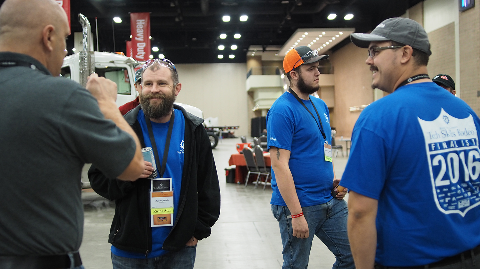 Some 12 younger technicians competed in the 2016 Rush Tech Skills Rodeo including Ryan Epstein second from left and Nathaniel Walder second from right Photo by Aaron Marsh for Fleet Owner