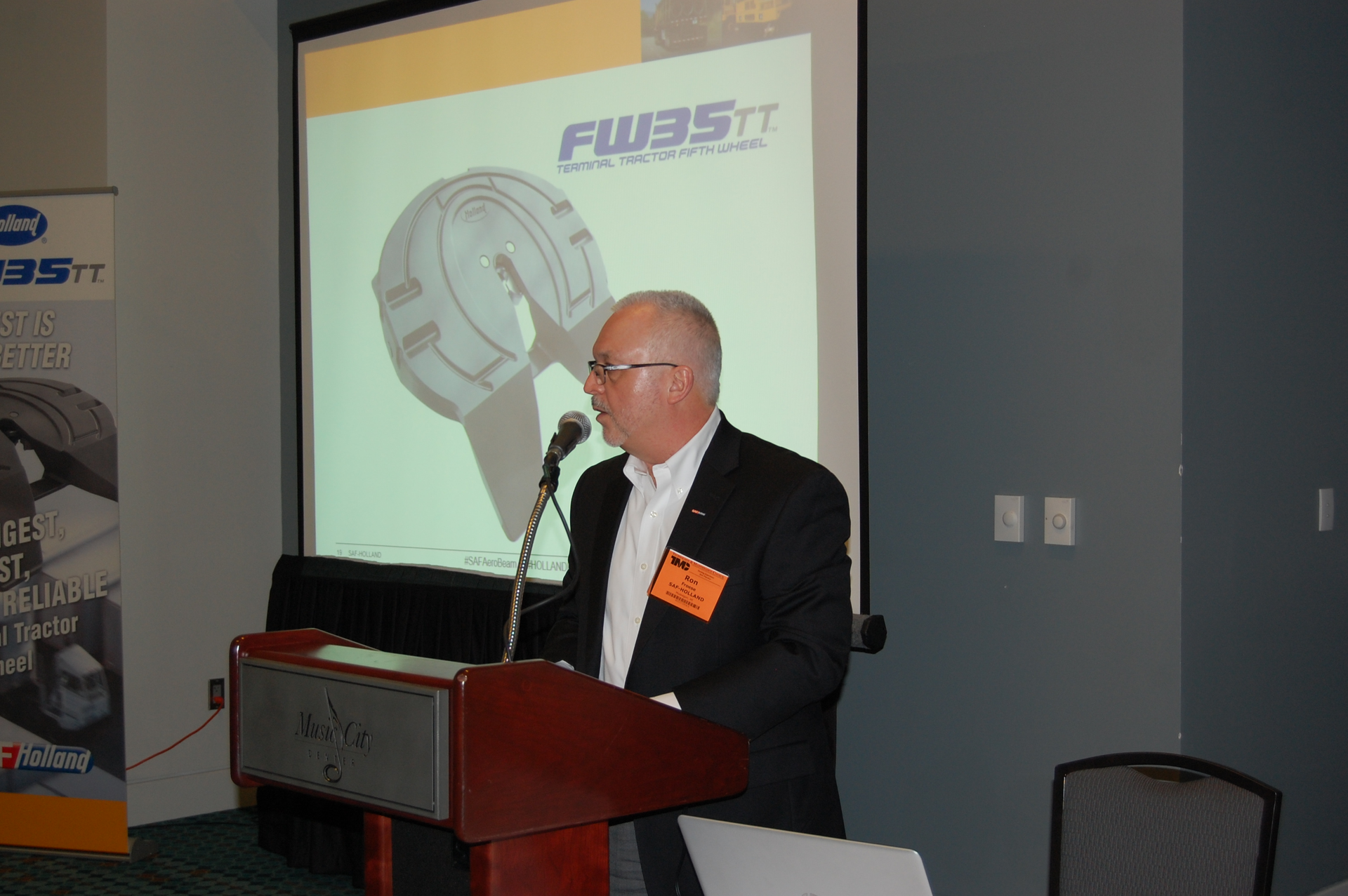 Ron Froese SAFHolland39s director of powered vehicle product sales talks about one of the products the company brought to TMC this year the FW35TT fifth wheel for yard tractors
