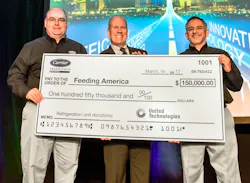 Tom Ondo left vice president amp general manager Americas TruckTrailerRail and Jon Shaw right director Global Communications amp Sustainability Carrier Transicold amp Refrigeration Systems present a 150000 check to Bill Thomas chief supply chain officer Feeding America for the donation and installation of transport refrigeration units to seven Feeding America member food banks across the US Tom Ondo left vice president amp general manager Americas TruckTrailerRail and Jon Shaw right director Global Communications amp Sustainability Carrier Transicold amp Refrigeration Systems present a 150000 check to Bill Thomas chief supply chain officer Feeding America for the donation and installation of transport refrigeration units to seven Feeding America member food banks across the US