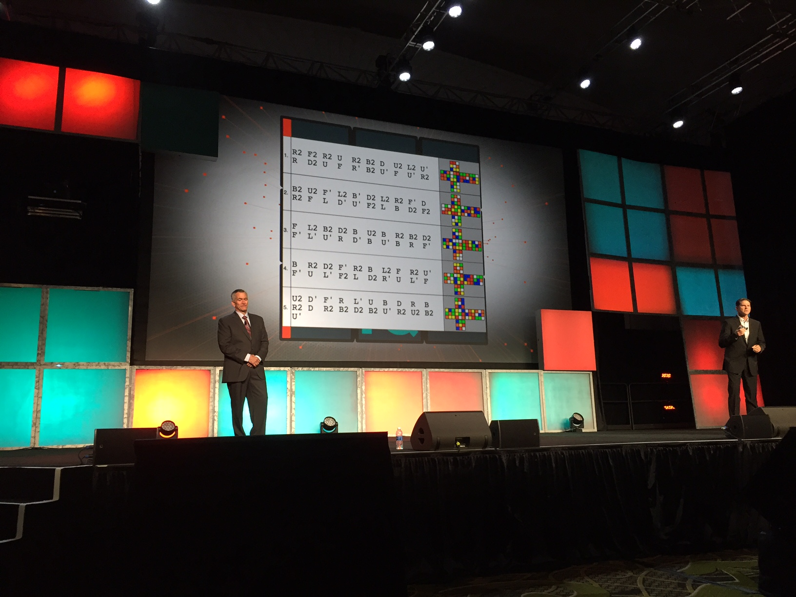 David Wangler left and Brian McLaughlin speak in front of a slide displaying just a few of the 22 algorithms needed for solving the Rubik39s Cube puzzle quotBut there are no similar algorithms for solving the everchanging puzzle that is the supply chainquot McLaughlin noted Photo Sean KilcarrFleet Owner