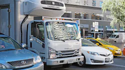 Delivery truck in tight urban setting Delivery truck in tight urban setting