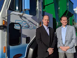 Peterbilt's Scott Newhouse (left) and Paccar's Stephan Olsen in front of the Peterbilt 520EV. Peterbilt's Scott Newhouse (left) and Paccar's Stephan Olsen in front of the Peterbilt 520EV.