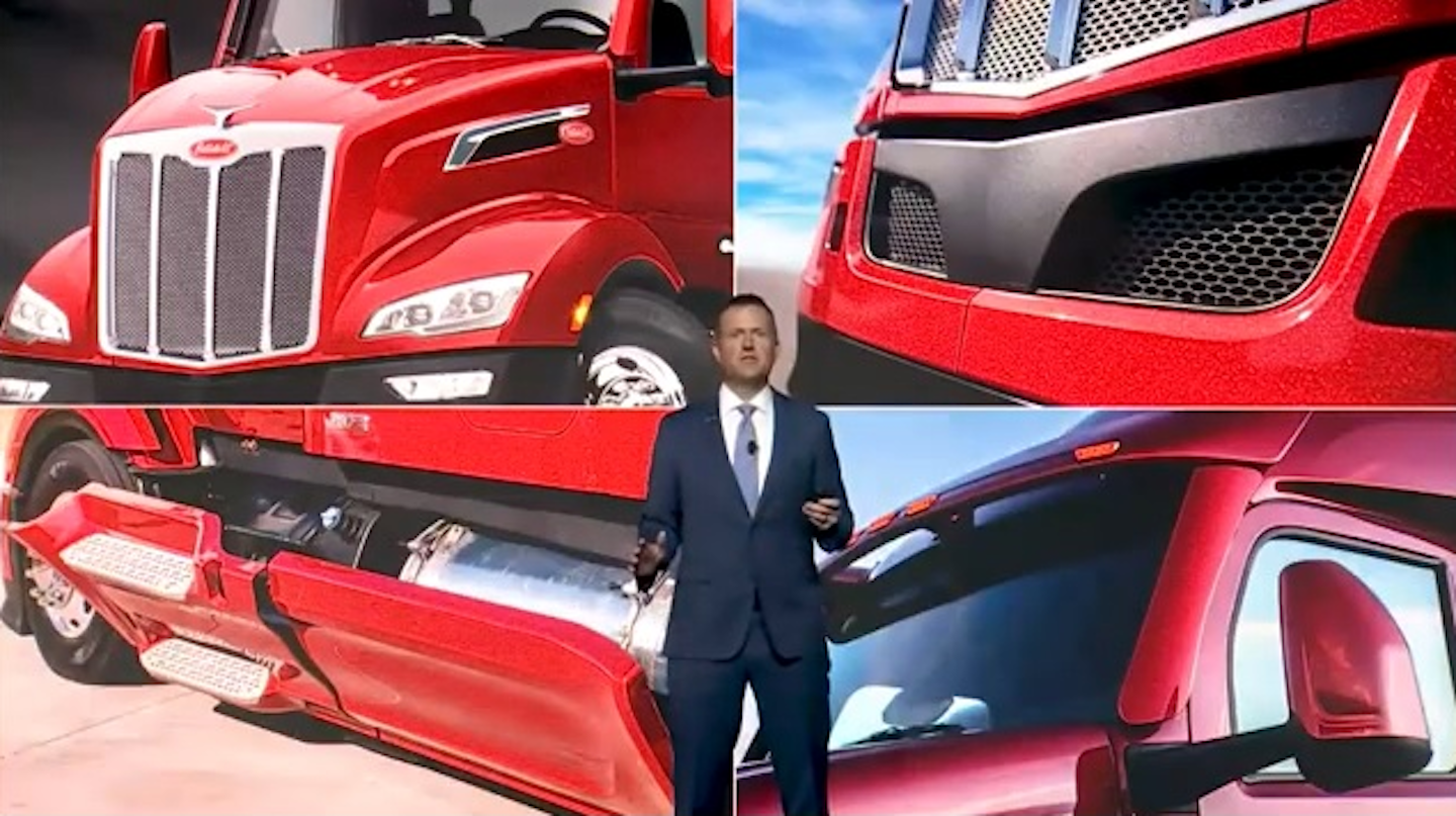Jason Skoog, Peterbilt general manager and Paccar vice president, unveils the redesigned Model 579 during a live YouTube stream.