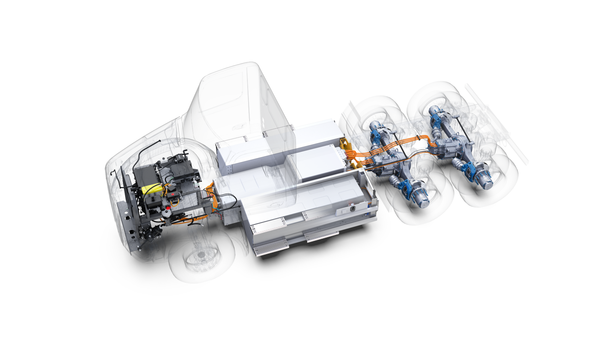 Meritor's 14Xe electric powertrain is designed to provide efficiency, performance, weight savings, and space utilization. Key features, compared to remote mount systems, include a tighter turning radius due to a shorter wheelbase; increased room between frame rails for additional battery capacity, which extends the range of the vehicle; and lighter weight.