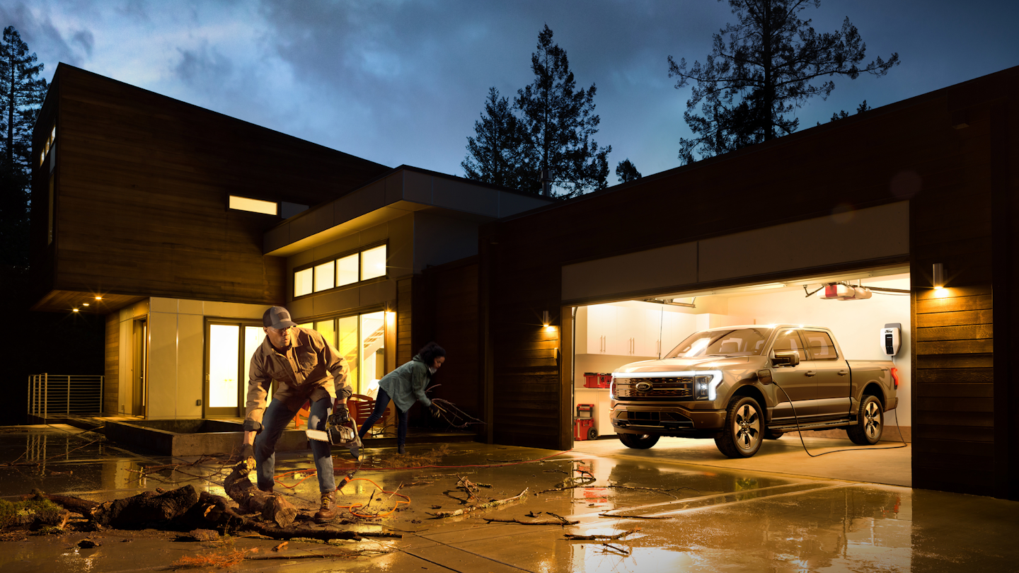 With the 80-amp Ford Charge Station Pro charger installed, the Ford F-150 Lightning can power a home's appliances during a blackout.