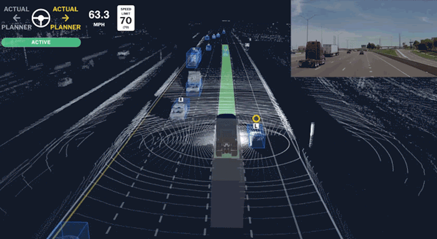 The Aurora Driver system detects other vehicles around it as it moves along a divided highway, as depicted in this graphic.