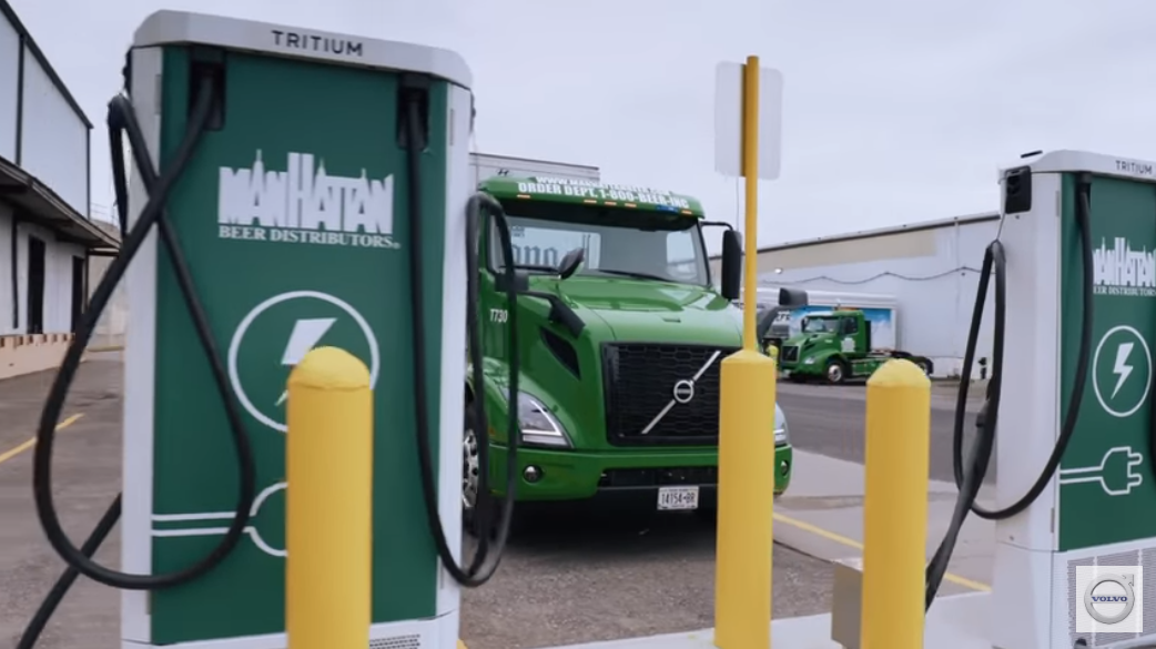 A new Volvo all-electric truck, parked in a charging station at Manhattan Beer Distributors headquarters in the Bronx, New York.