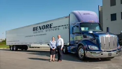 Jeffery Benore, fleet CEO and president, and VP Joan Benore have led Benore Logistic Systems since it was founded in 1994. They stand in front of their fleet's first Peterbilt Model 579EV tractor. Jeffery Benore, fleet CEO and president, and VP Joan Benore have led Benore Logistic Systems since it was founded in 1994. They stand in front of their fleet's first Peterbilt Model 579EV tractor.
