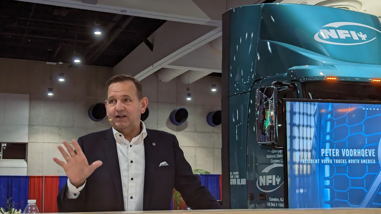 Peter Voorhoeve, Volvo Trucks North America, speaks during a press conference at ATA's MCE.