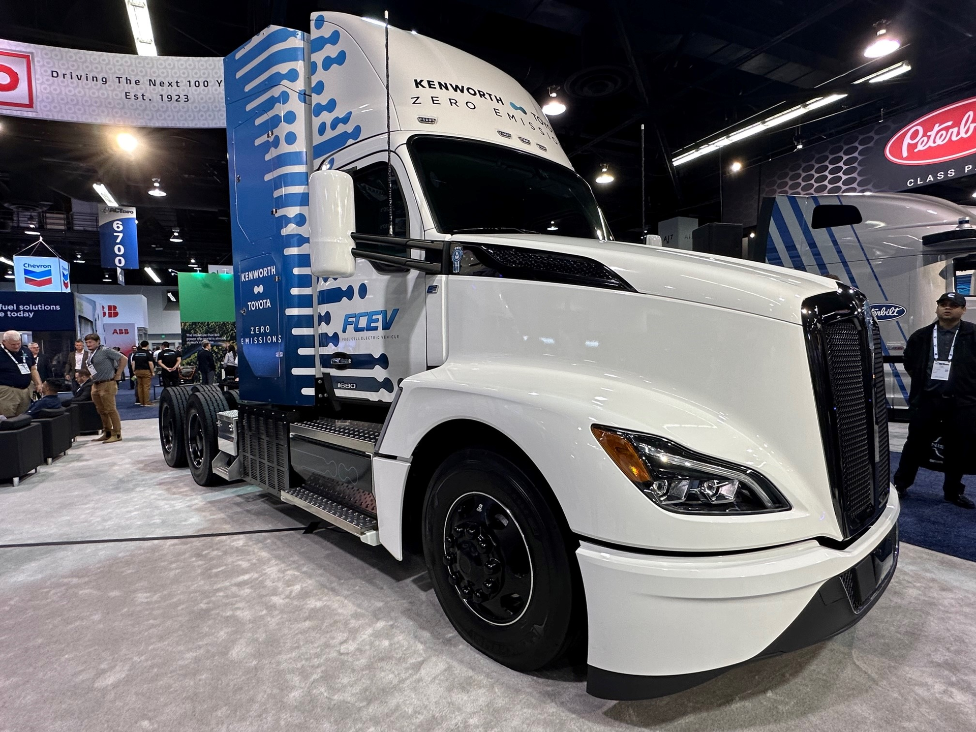 Kenworth's T680 hydrogen fuel cell electric vehicle, powered by Toyota fuel cell technology, on display at ACT Expo 2023.