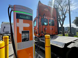 Dealer Velocity Truck Centers in Fontana, California, houses an area for EVs like this Freightliner eCascadia, run by Schneider, to charge up before getting back to work. Dealer Velocity Truck Centers in Fontana, California, houses an area for EVs like this Freightliner eCascadia, run by Schneider, to charge up before getting back to work.