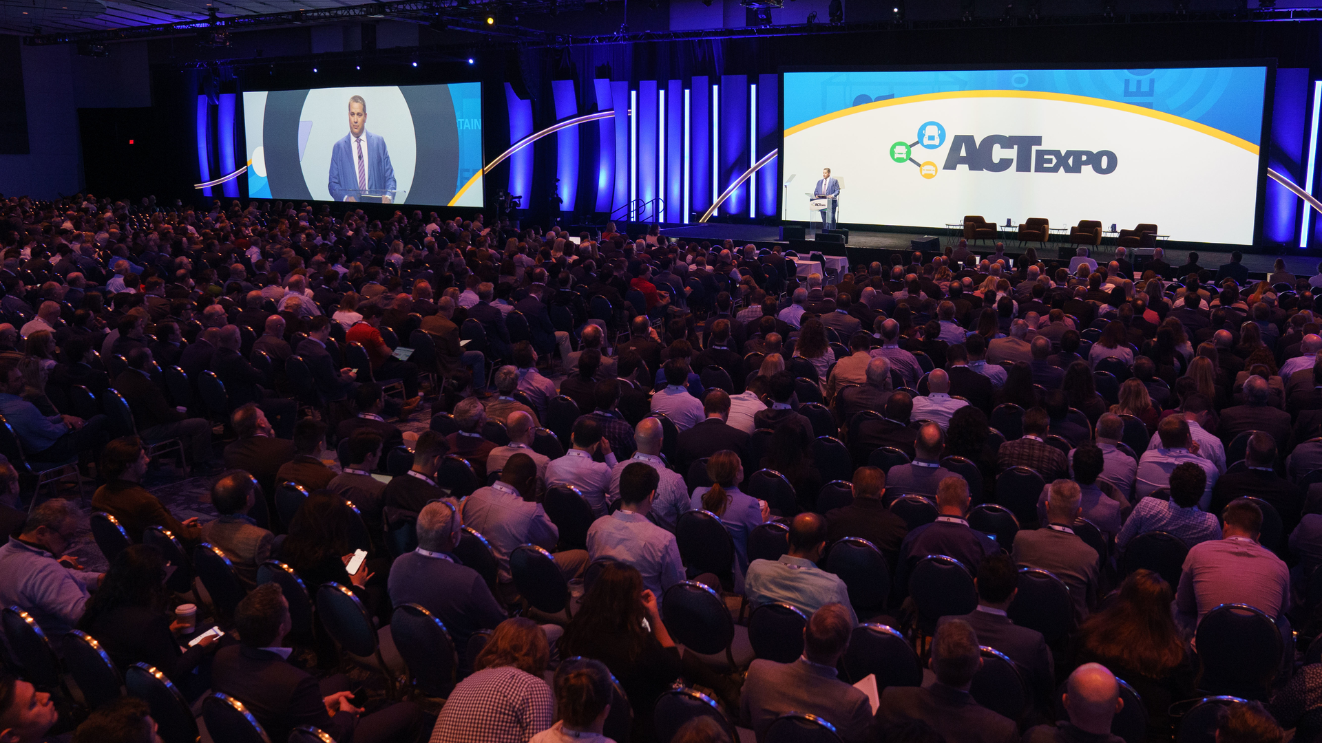 Erik Neandross welcomes attendees to ACT Expo 2023 in Anaheim, California.