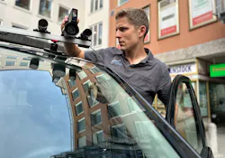 Piotr Swierczynski, director of engineering at Nodar, shows off one of the stereo vision cameras on a test vehicle. Piotr Swierczynski, director of engineering at Nodar, shows off one of the stereo vision cameras on a test vehicle.