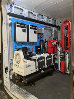 Hargrave chose to install the EPEQ system in his vans because “we can service a varied amount of customers with a sleek van that has a nice appearance—(and it) isn't making a lot of noise. It isn't dangerous for our technicians on the inside to breathe smoke and what have you trying to run an ... internal combustion engine generator.” Hargrave chose to install the EPEQ system in his vans because “we can service a varied amount of customers with a sleek van that has a nice appearance—(and it) isn't making a lot of noise. It isn't dangerous for our technicians on the inside to breathe smoke and what have you trying to run an ... internal combustion engine generator.”