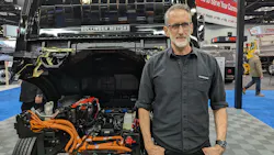 Robert Bollinger, CEO and founder of Bollinger Motors, stands with his B4 chassis cab model, a battery-electric Class 4 work truck. at NTEA's Work Truck Week in Indianapolis. Robert Bollinger, CEO and founder of Bollinger Motors, stands with his B4 chassis cab model, a battery-electric Class 4 work truck. at NTEA's Work Truck Week in Indianapolis.