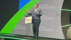 Eric Neandross, GNA president, addresses the crowd at ACT Expo in Las Vegas. Eric Neandross, GNA president, addresses the crowd at ACT Expo in Las Vegas.