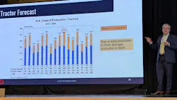 Kenny Vieth, senior analyst and president of ACT Research, goes over the North American Class 8 tractor forecast during his company's seminar on trucking industry markets held in Columbus, Indiana, on August 22, 2024. Kenny Vieth, senior analyst and president of ACT Research, goes over the North American Class 8 tractor forecast during his company's seminar on trucking industry markets held in Columbus, Indiana, on August 22, 2024.