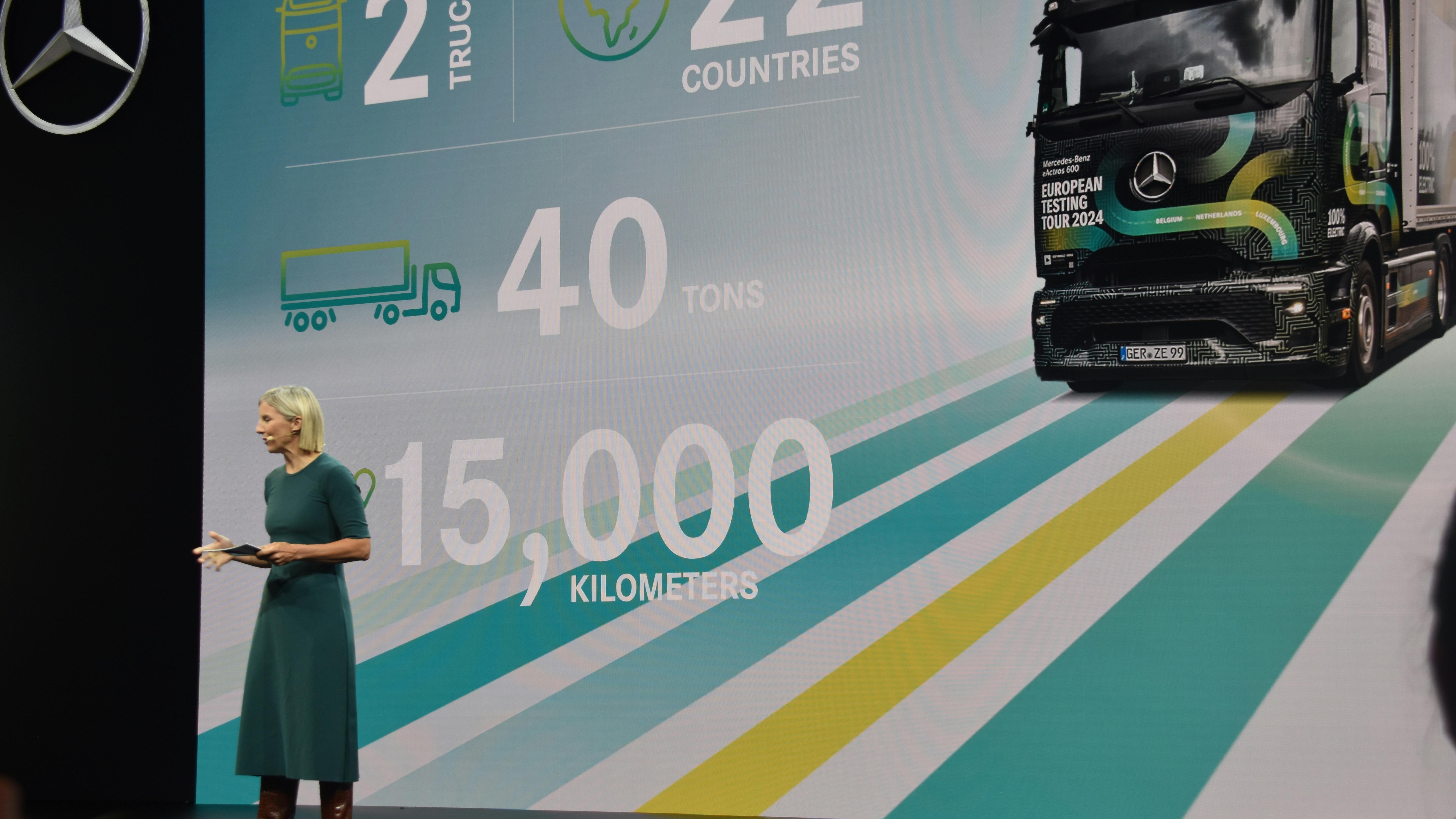 Karin R&aring;dstr&ouml;m, CEO of Mercedes-Benz Trucks and incoming CEO of Daimler Trucks, talks about the electric truck during IAA 2024 in Hannover, Germany.