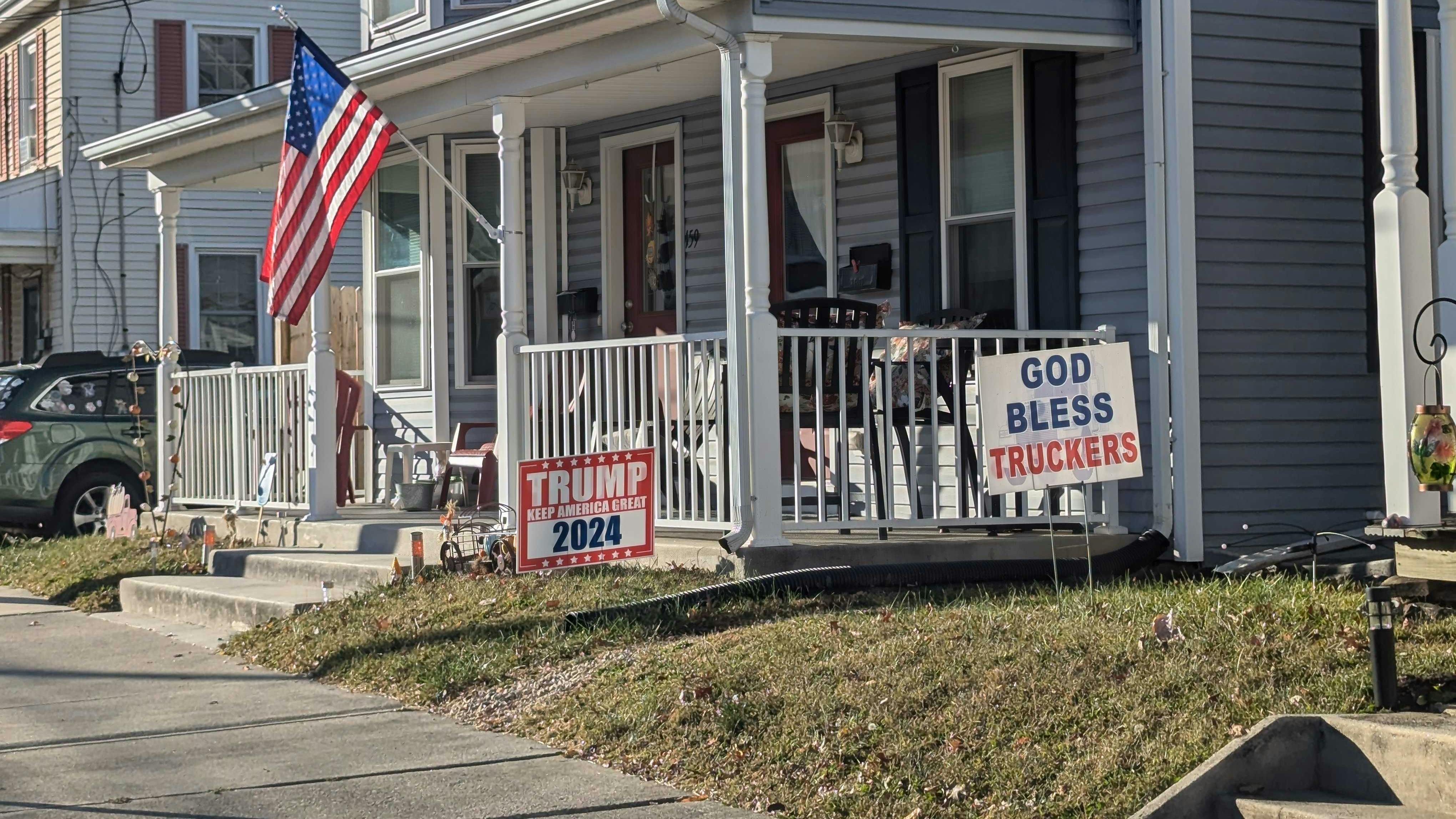 Trump supporter yard signs say God bless truckers in Littlestown, Pennsylvania.