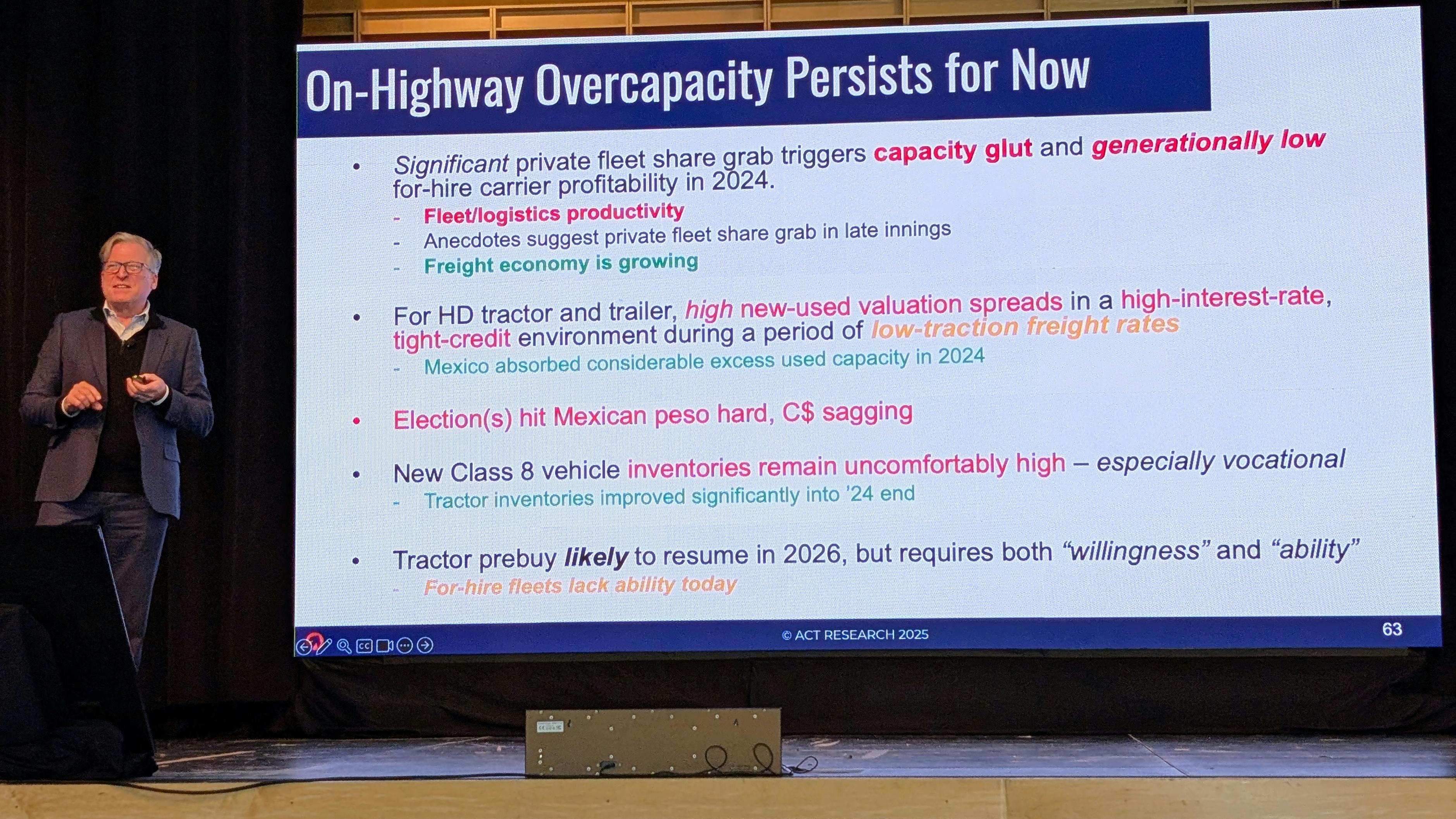 Kenny Vieth, president and senior analyst for ACT Research, discusses the freight and commercial vehicle markets during ACT's Market Vitals seminar in Columbus, Indiana, on February 20, 2025.