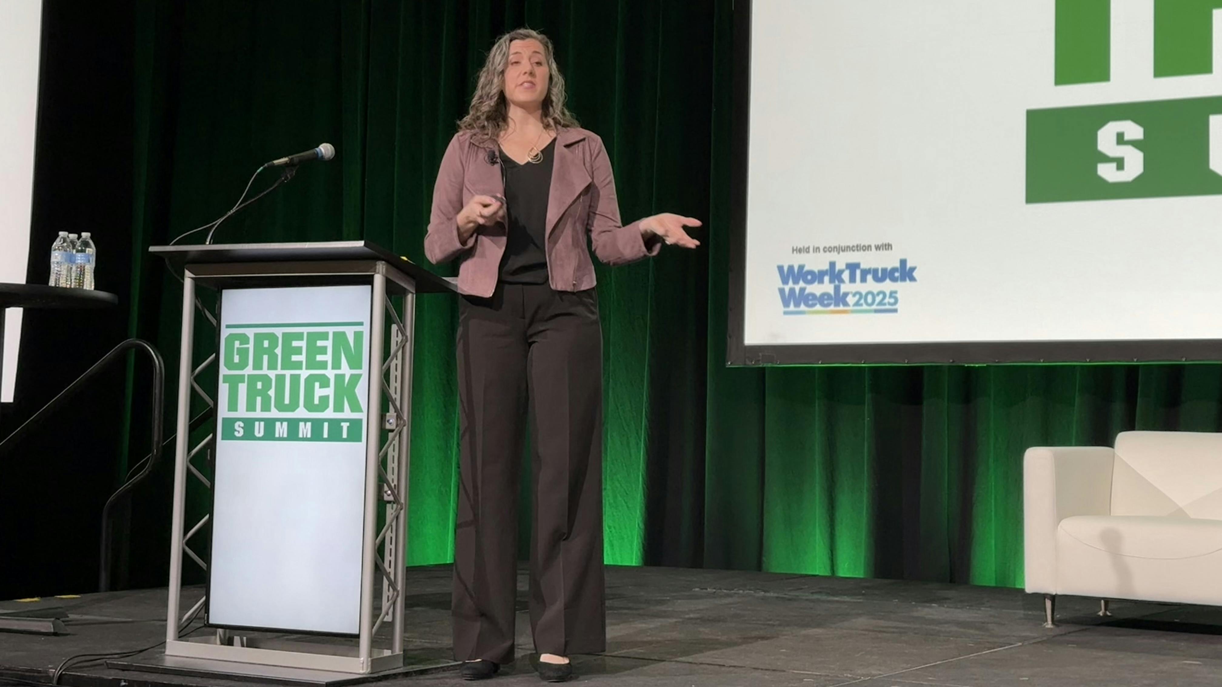 Ford's Chief Futurist Jen Brace address the audience at NTEA's Green Truck Summit in Indianapolis.
