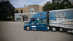 Albert Transport Freightliner Team Run Smart truck parked outside Detroit Diesel building, showcasing fuel-efficient fleet operations. Albert Transport Freightliner Team Run Smart truck parked outside Detroit Diesel building, showcasing fuel-efficient fleet operations.