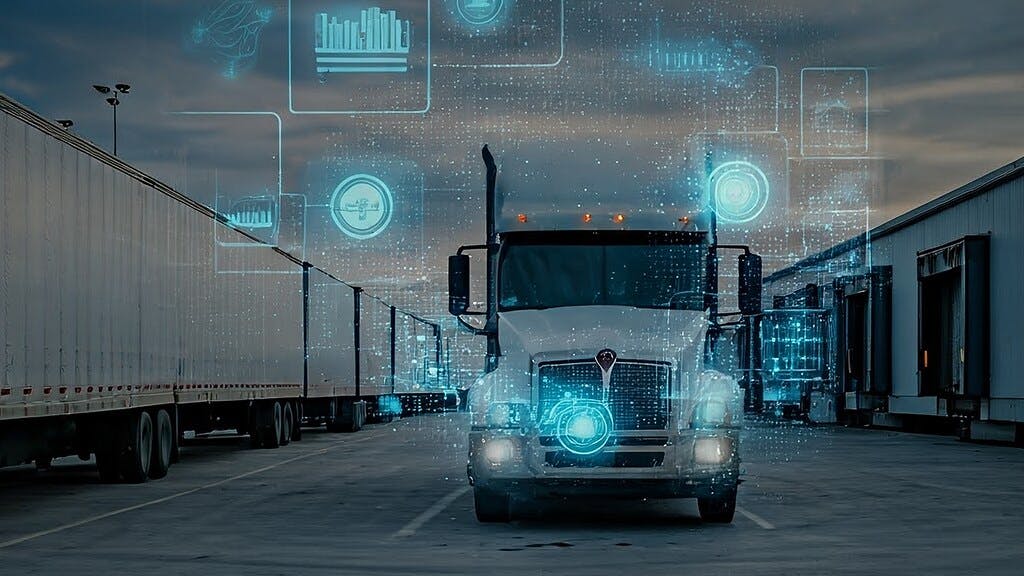Semi-truck with digital technology overlays representing fleet management, diagnostics, and AI solutions in the trucking industry.