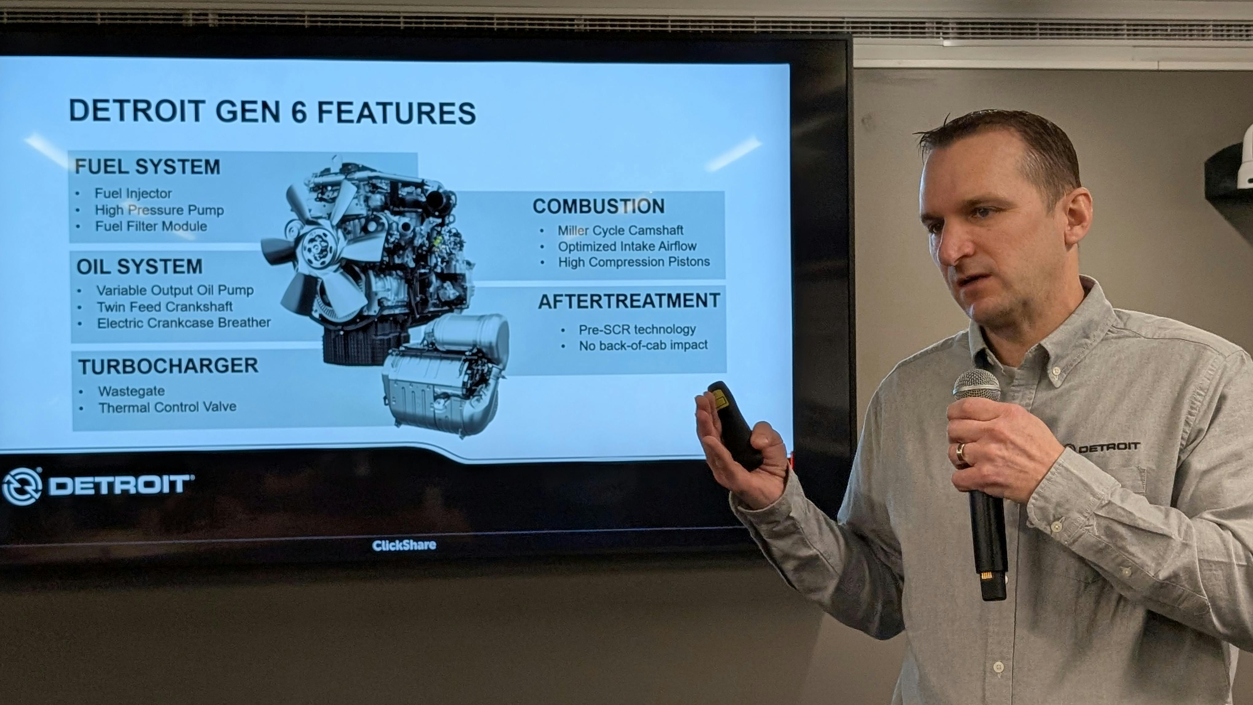 DTNA Head of Powertrain Engineering Greg Braziunas presents the technical specs and fuel efficiency gains of the new Detroit Gen 6 heavy-duty engines for EPA 2027 compliance.