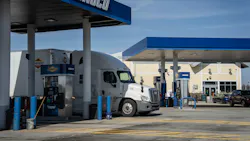 Semi-truck refueling at rest stop in Somerset Pennsylvania Semi-truck refueling at rest stop in Somerset Pennsylvania