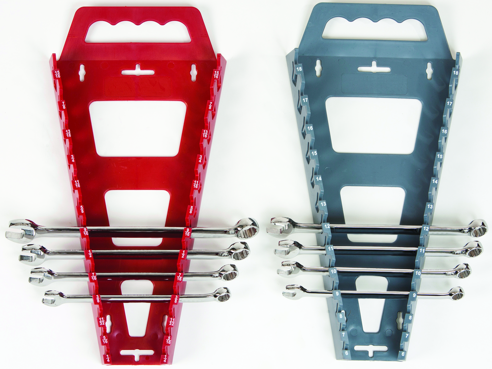 Hansen Global Quik-Pik wrench racks come in two sizes: the red design stores SAE wrench sizes (No. 5301), and the gray design stores metric wrench sizes (No. 5302).
