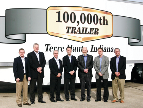 Great Dane and Celadon Group executives celebrate milestone of 100,000 trailers at manufacturing facility in Terre Haute, Indiana. Participants are, from left: Cory Lookebill, Plant Manager, Great Dane. Dean Engelage, Executive Vice President, Sales and Strategic Planning, Great Dane. Dave Gilliland, Vice President, Branch Sales and Operations, Great Dane. Paul Will, Vice Chairman, President and Chief Operating Officer, Celadon. Steve Russell, Founder, Chairman and Chief Executive Officer, Celadon. Monte Horst, Vice President, Sales and Marketing, Celadon. Michael Gabbei, Chief Information Officer, Celadon.