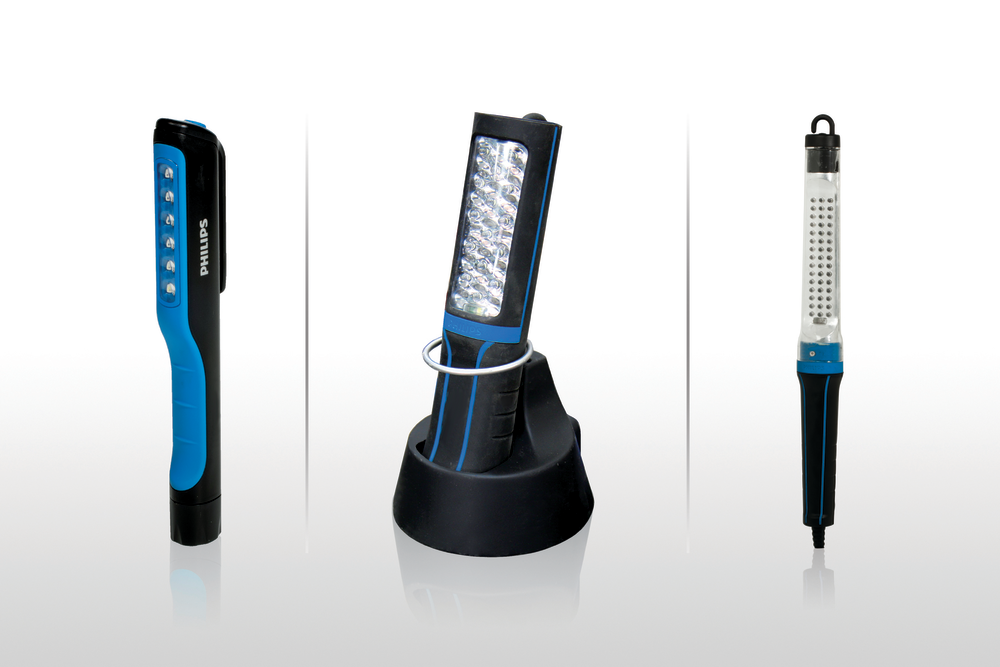 (left to right) Philips LED Penlight, Rechargeable LED Inspection Lamp, and LED Inspection Lamp with 32.8 ft. cable.