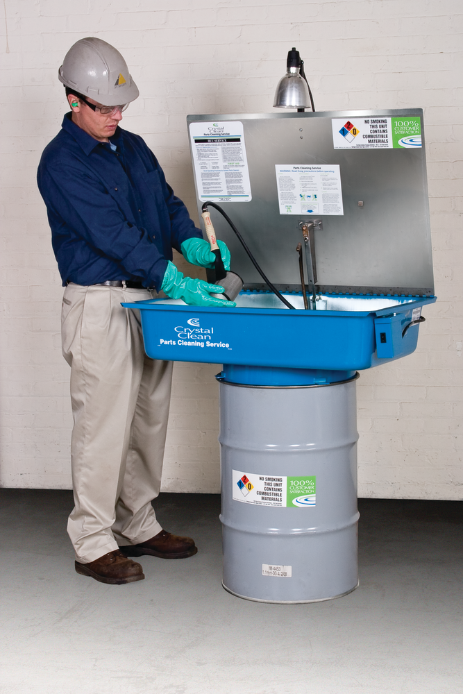 Parts washers are available in a range of cleaning solutions and levels of cleanliness. Shown here is a typical sink on a drum, manual cleaning style unit.