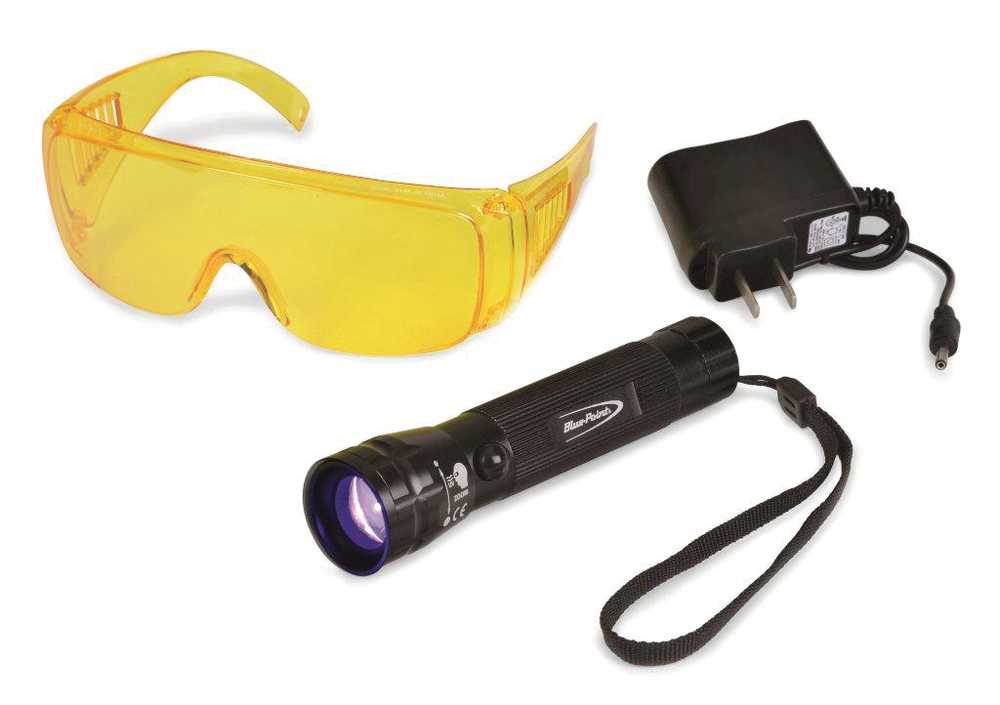 Snap-on's 400 NM True UV Rechargeable Flashlight, No. ECFUVLEDA, helps locate leak detection dye on a vehicle. For more information on this product, go to www.VehicleServicePros.com/10929310.
