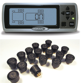 Direct TPMS, such as the Doran 360 series, uses pressure sensors located on each wheel's valve stems to directly measure the pressure in each tire. These sensors broadcast pressure data via a wireless radio frequency transmitter to a central receiver where the data is analyzed and the results sent to a display mounted inside the vehicle.