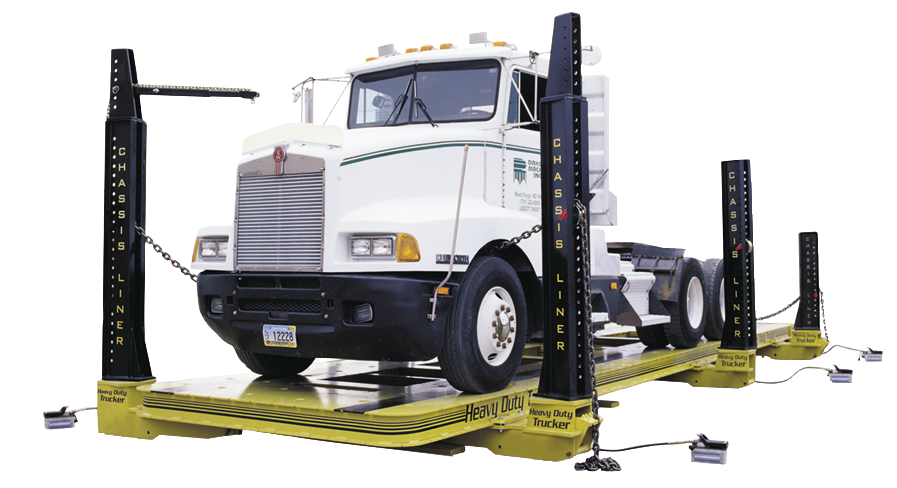 The Chassis Liner Heavy Duty Trucker frame rack, available from Chief Automotive Technologies distributors, is capable of servicing everything from pickup trucks to Class 8 vehicles. It features 25 tons of pulling power at each tower and customizable bed lengths.