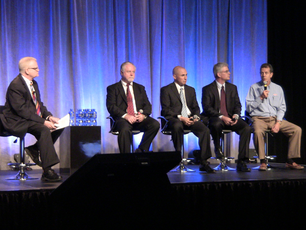 Participating in a panel discussion on the future of fuel economy during the 2013 Commercial Vehicle Outlook Conference were, from left to right: Derek Kaufman, Mission Motors, moderator; Max Fuller, U.S. Xpress; David Hames, Daimler Trucks North America; Jim Fier, Cummins; Craig Bennett, Utility Trailer.