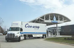 A new Freightliner Cascadia 113 day cab leaves a natural gas fueling station in Rock Hill, S.C. after taking on its first fill-up of compressed natural gas (CNG). Con-way Freight, one of the nation's leading commercial trucking firms, took delivery of the unit recently and is putting it into service in the Texas market. Featuring the Cummins Westport ISX 12 G natural gas-powered engine, it's Freightliner's first Cascadia 113 day cab with factory installed tanks to go into service. A new Freightliner Cascadia 113 day cab leaves a natural gas fueling station in Rock Hill, S.C. after taking on its first fill-up of compressed natural gas (CNG). Con-way Freight, one of the nation's leading commercial trucking firms, took delivery of the unit recently and is putting it into service in the Texas market. Featuring the Cummins Westport ISX 12 G natural gas-powered engine, it's Freightliner's first Cascadia 113 day cab with factory installed tanks to go into service.