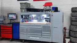 Craig Nemitz, general manager, works out of a 22-drawer 10' wide by 29' deep by 6' tall Snap-on Master Series toolbox, with an added locker and hutch, as well as a power cabinet and tool cart. Craig Nemitz, general manager, works out of a 22-drawer 10' wide by 29' deep by 6' tall Snap-on Master Series toolbox, with an added locker and hutch, as well as a power cabinet and tool cart.