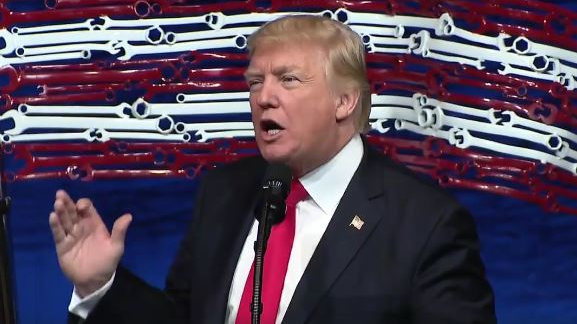 President Donald Trump speaking at the Snap-on Tools headquarters in Kenosha, Wisconsin before the signing of the 'Buy American, Hire American' executive order.