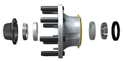 Fig. 1: A typical wheel end system consists of a seal, an inboard and outboard tapered bearing, and a hubcap, as well as a spindle nut and wheel nuts. Some wheel end systems may also contain a spacer that is meant to provide preset torqueing. Each component plays a vital role in protecting the wheel end as well as the operator. Fig. 1: A typical wheel end system consists of a seal, an inboard and outboard tapered bearing, and a hubcap, as well as a spindle nut and wheel nuts. Some wheel end systems may also contain a spacer that is meant to provide preset torqueing. Each component plays a vital role in protecting the wheel end as well as the operator.