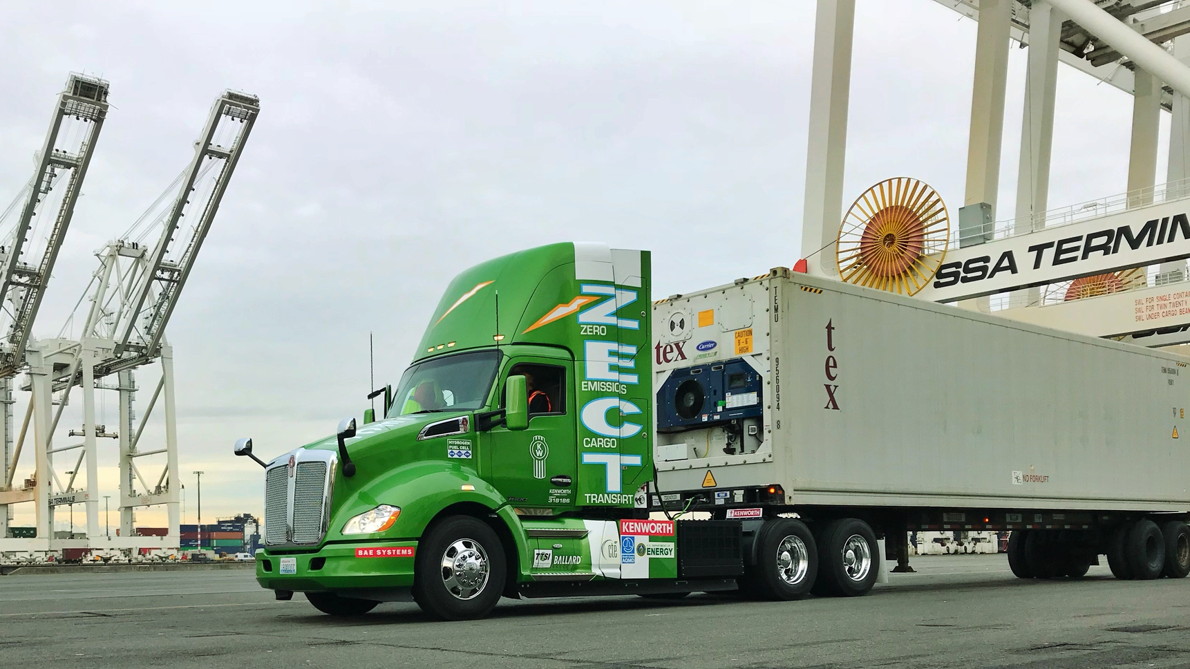 This zero-emission Kenworth T680 day cab equipped with a hydrogen fuel cell, shown at the Port of Seattle, is on display at the 2018 Consumer Electronics Show (CES), which opened Tuesday, Jan. 9, in Las Vegas. The truck is part of the PACCAR Innovations booth exhibit (No. CP-32).