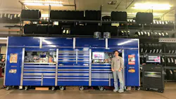 Rich Griffin has a 20' long, 8' tall, 3' deep Snap-on setup featuring three main boxes, two hutches, a top chest, two lockers and four top cabinets. Rich Griffin has a 20' long, 8' tall, 3' deep Snap-on setup featuring three main boxes, two hutches, a top chest, two lockers and four top cabinets.